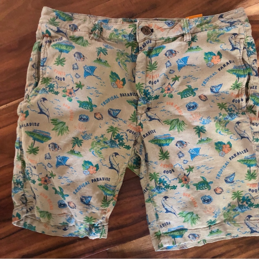Linen Tropical Paradise Hawaiian Print Tan Khaki Shorts size 32 Pristine EUC 32